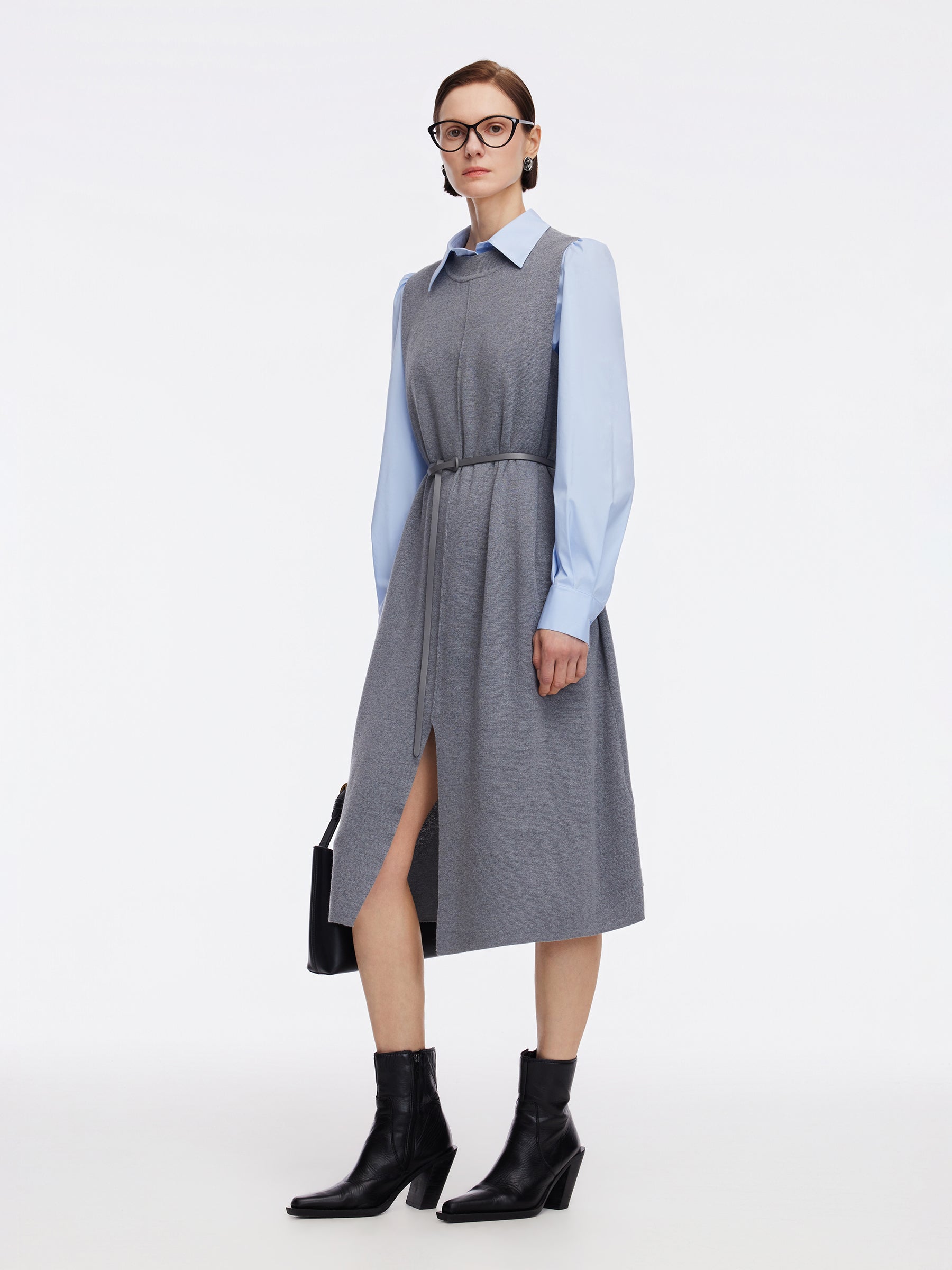 [Preview] Sleeveless Knit Dress And Shirt Two-Piece Set With Belt GOELIA