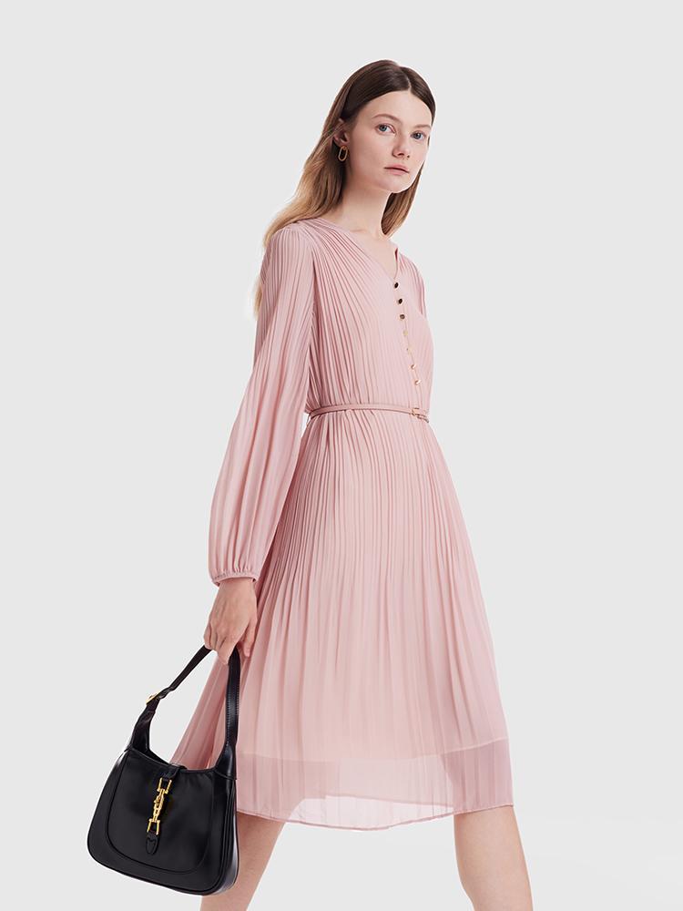 Pink Ruched Midi Dress With Belt GOELIA