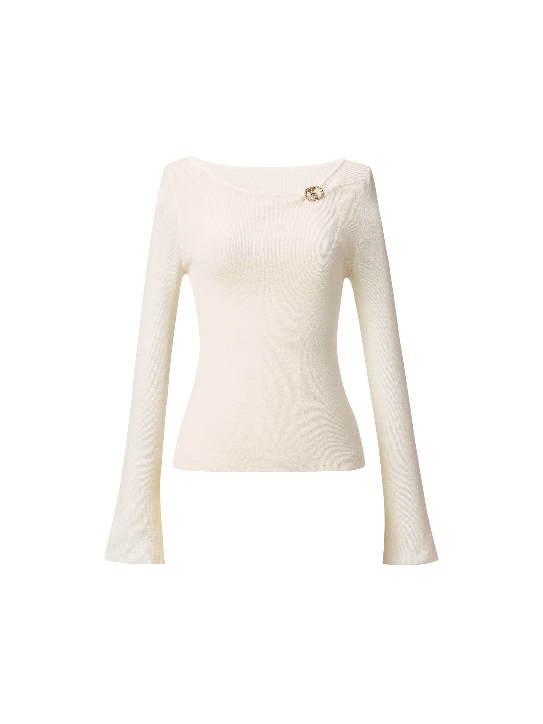 [Preview] Wool Blend Boat Neck Women Knit Top With GO Letter Clip GOELIA