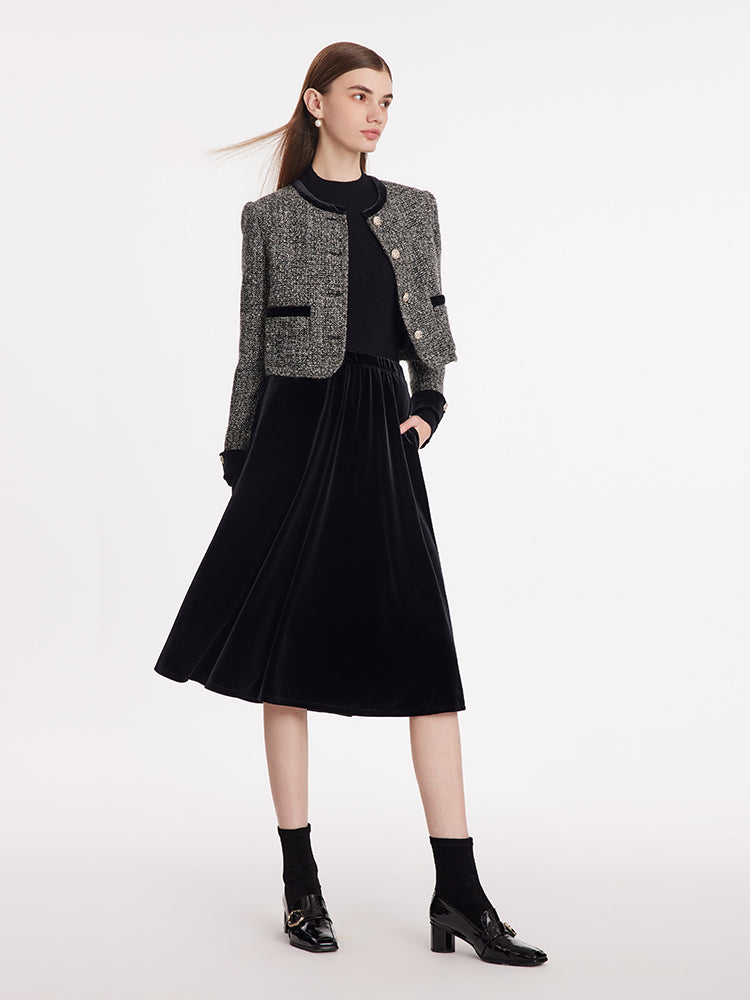 Tweed Crop Jacket And Velvet Skirt Two-Piece Set GOELIA