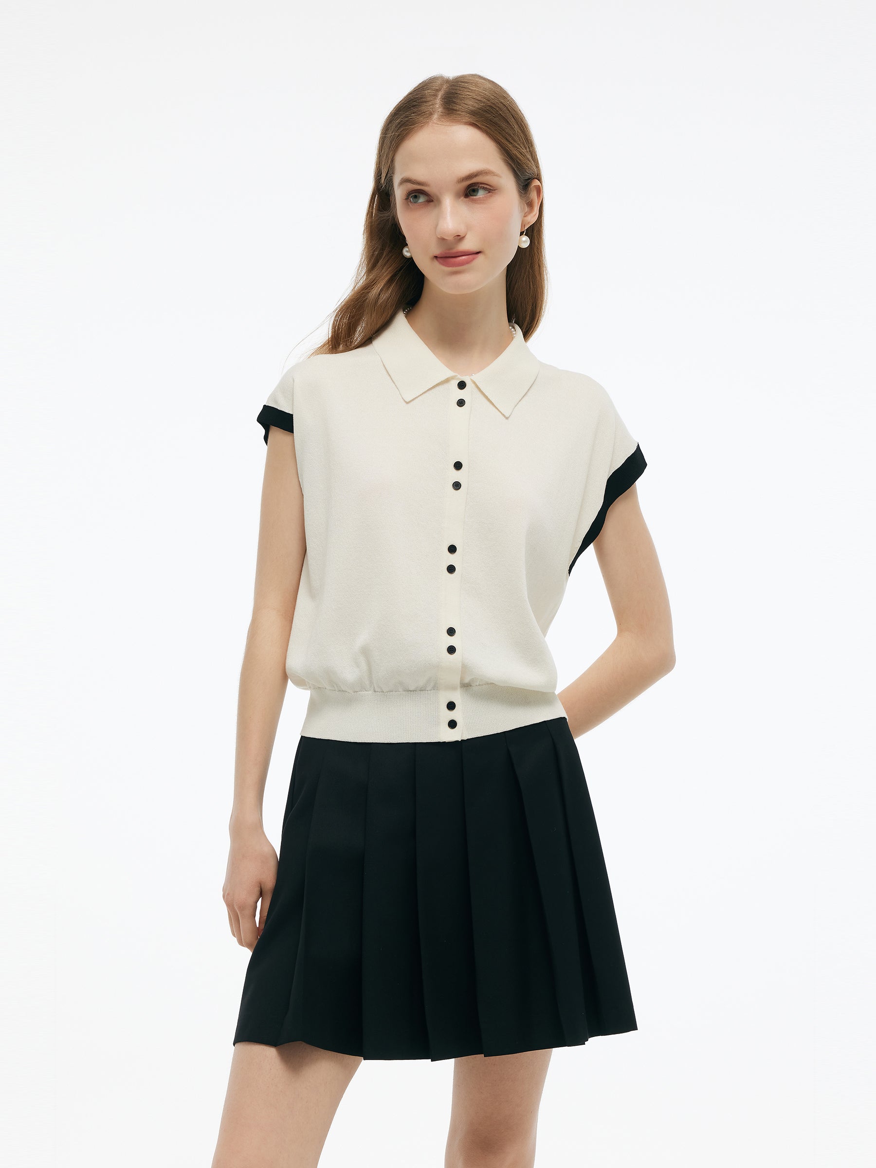 Tencel Blend Color Block Women Polo Short Sleeve Cardigan GOELIA