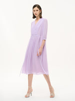 V-Neck Back Tie Women Pleated Midi Dress GOELIA