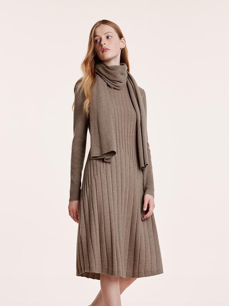 Tencel Wool Slim Knitted Midi Work Dress With Scarf GOELIA