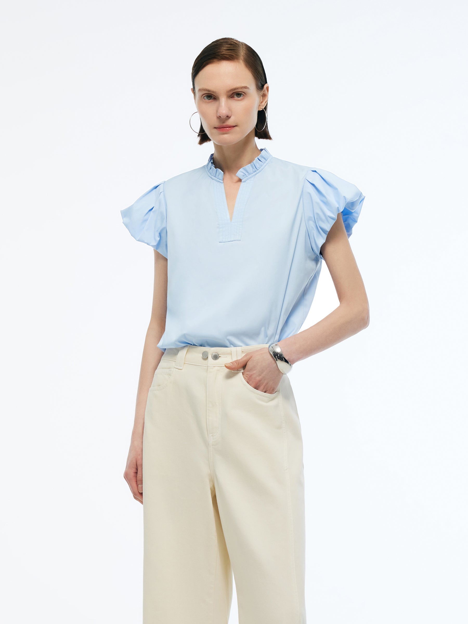 Ruffle Collar V-Neck Women Puff Sleeve Blouse GOELIA