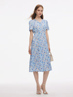 19MM Mulberry Silk Floral Print Women Midi Dress GOELIA