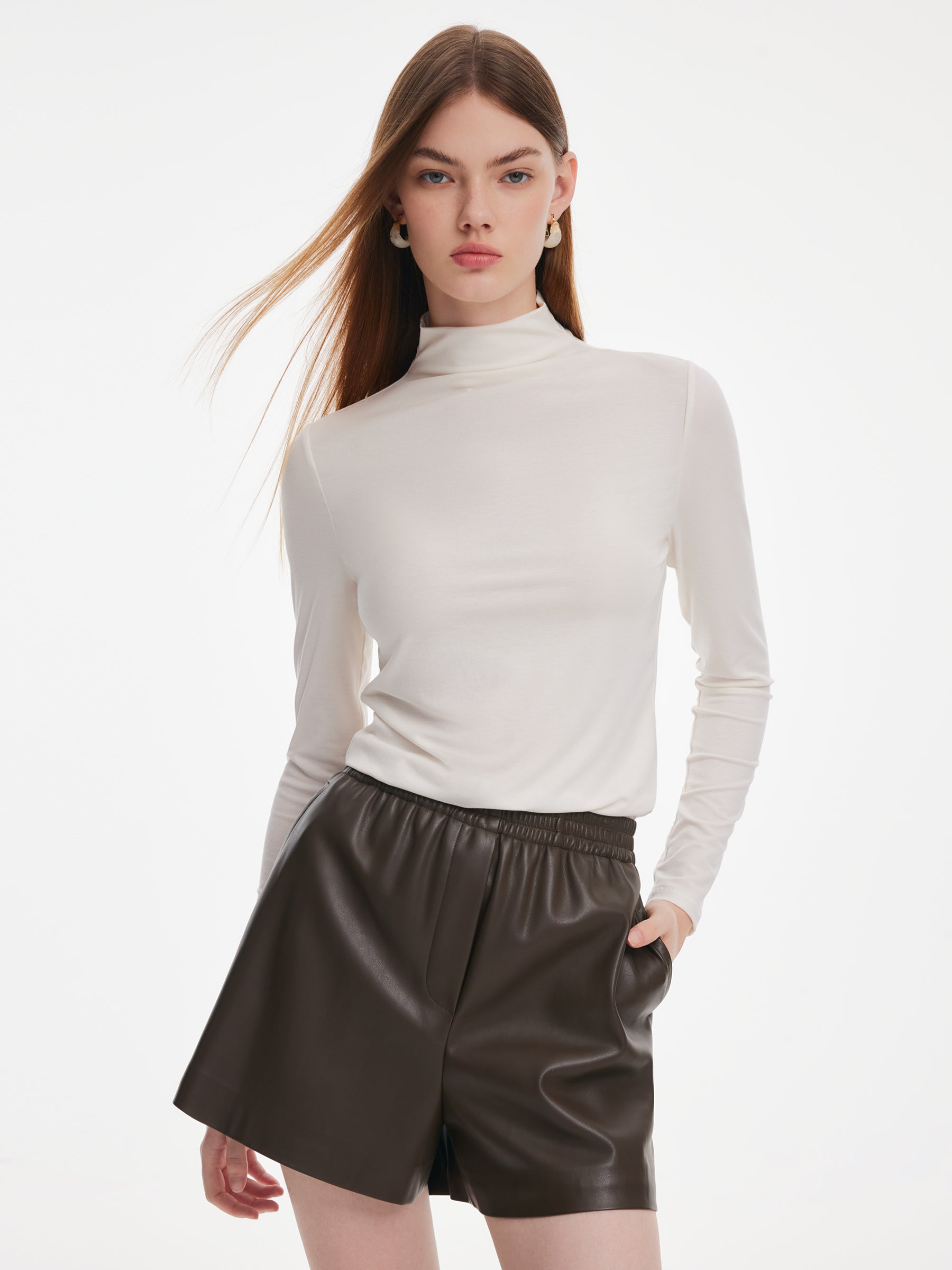 [Preview] Tencel Acetate Silk Blend Women Mock Neck Knit Top GOELIA