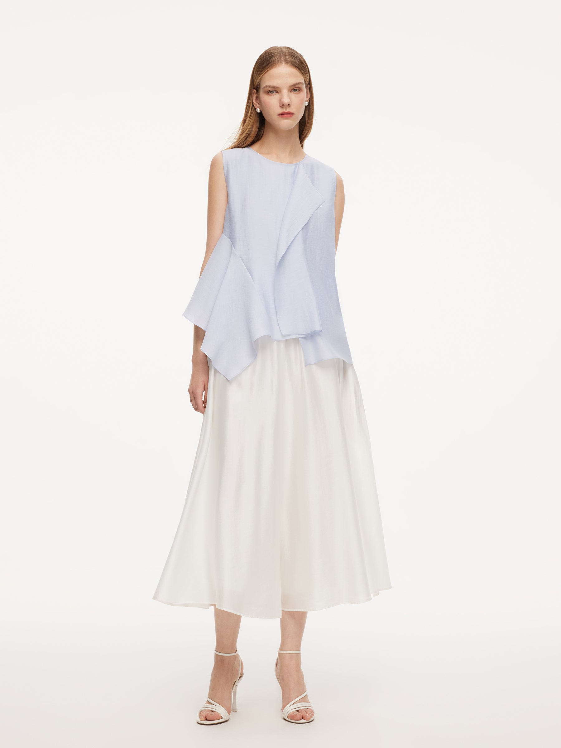 Lyocell Blend Light Blue Ruffle-Detailing Women Tank Top GOELIA