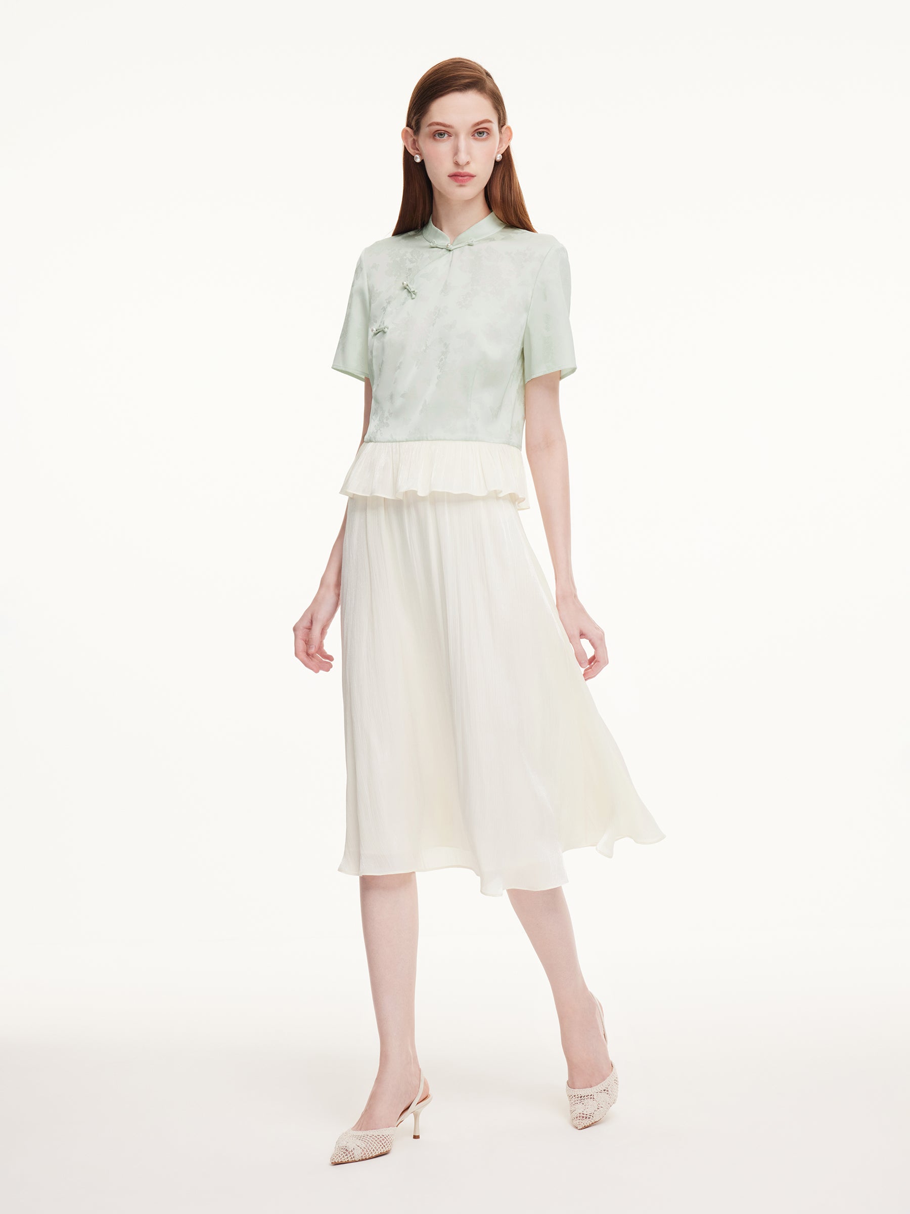 Mandarin Collar Blouse And A-Line Skirt Two-Piece Set GOELIA
