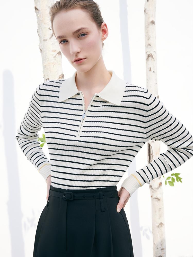 Black And White Stripe Slim Woolen Jumper GOELIA