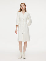 Wool Blend Tweed 3/4 Sleeve Women Midi Dress With Detachable Ruffle Collar GOELIA
