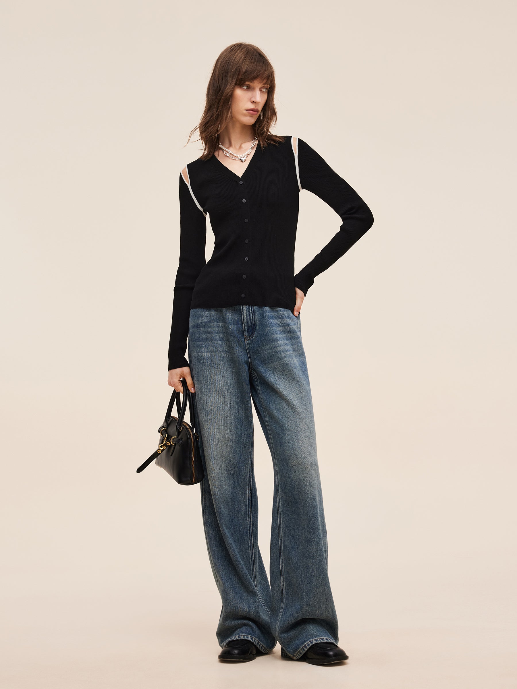 Lyocell Blend Women Cut Out Shoulder Knit Top GOELIA