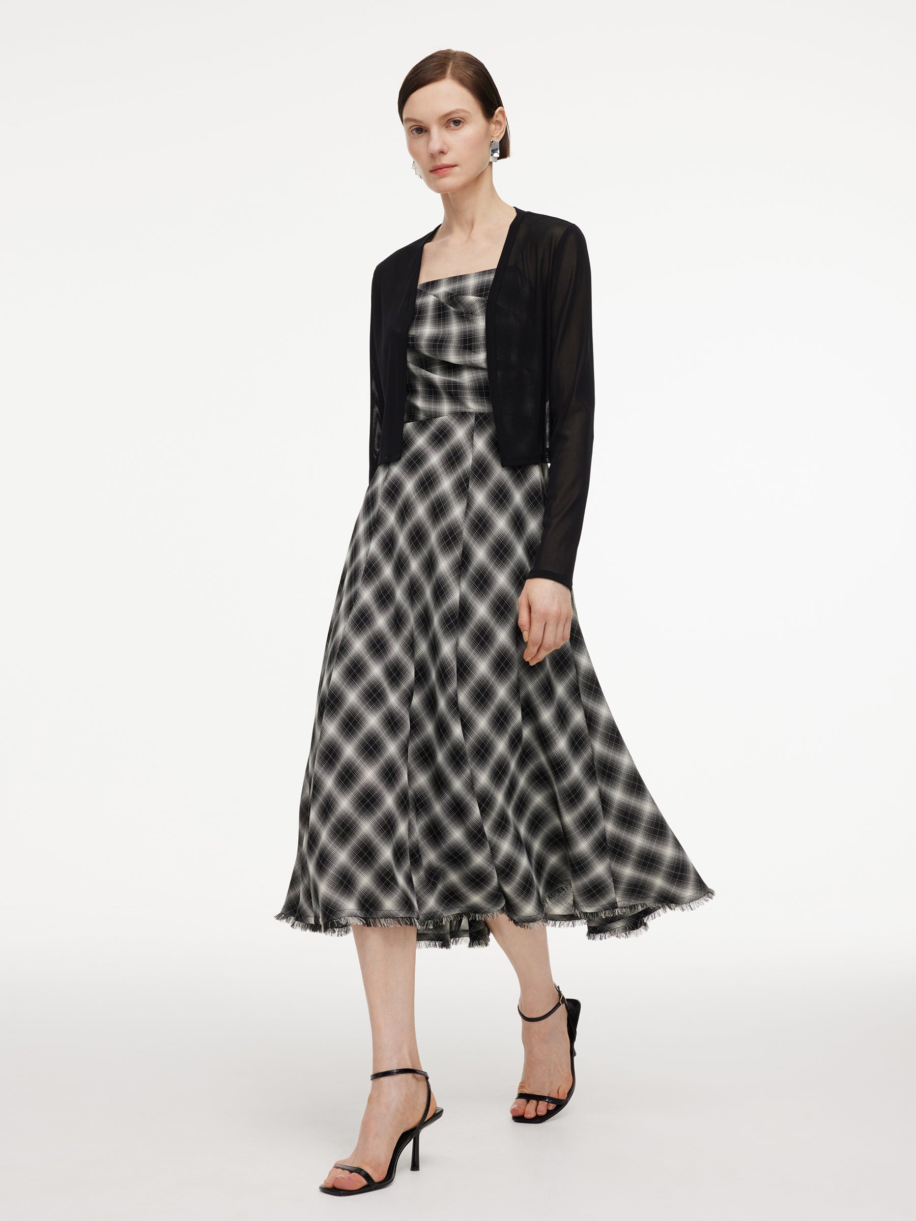 [Preview] Plaid Fringed Hem Strap Dress And Cardigan Two-Piece Set GOELIA