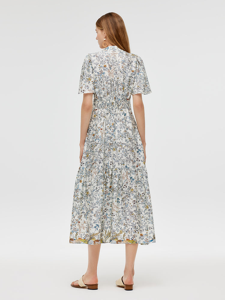 14 Momme Mulberry Silk Iris Print Women Maxi Dress With Belt