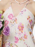 100% Linen Rose Print Women Halterneck Slip Maxi Dress GOELIA