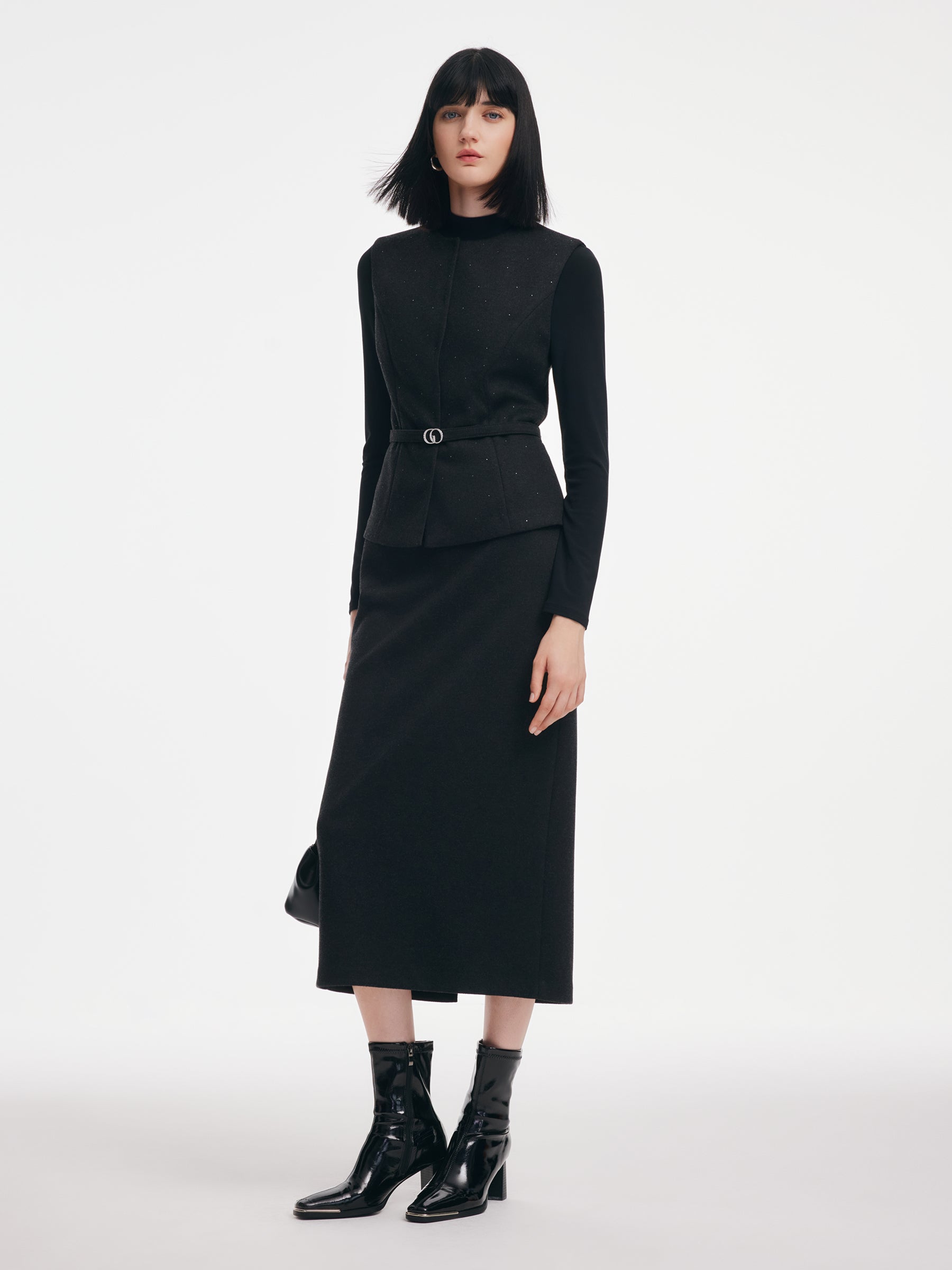 [Preview] Rhinestone Vest & Knit Top & Skirt Three-Piece Set With Belt GOELIA