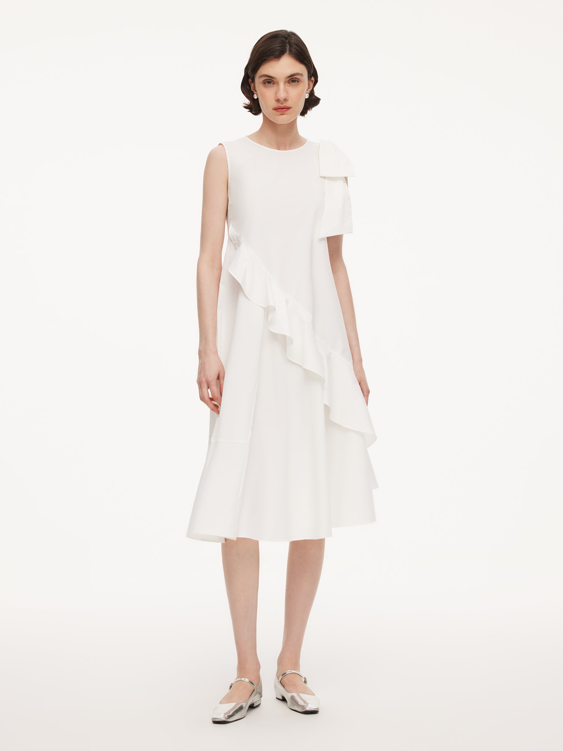 Ruffle Sleeveless Women Midi Dress With Detachable Bowknot GOELIA
