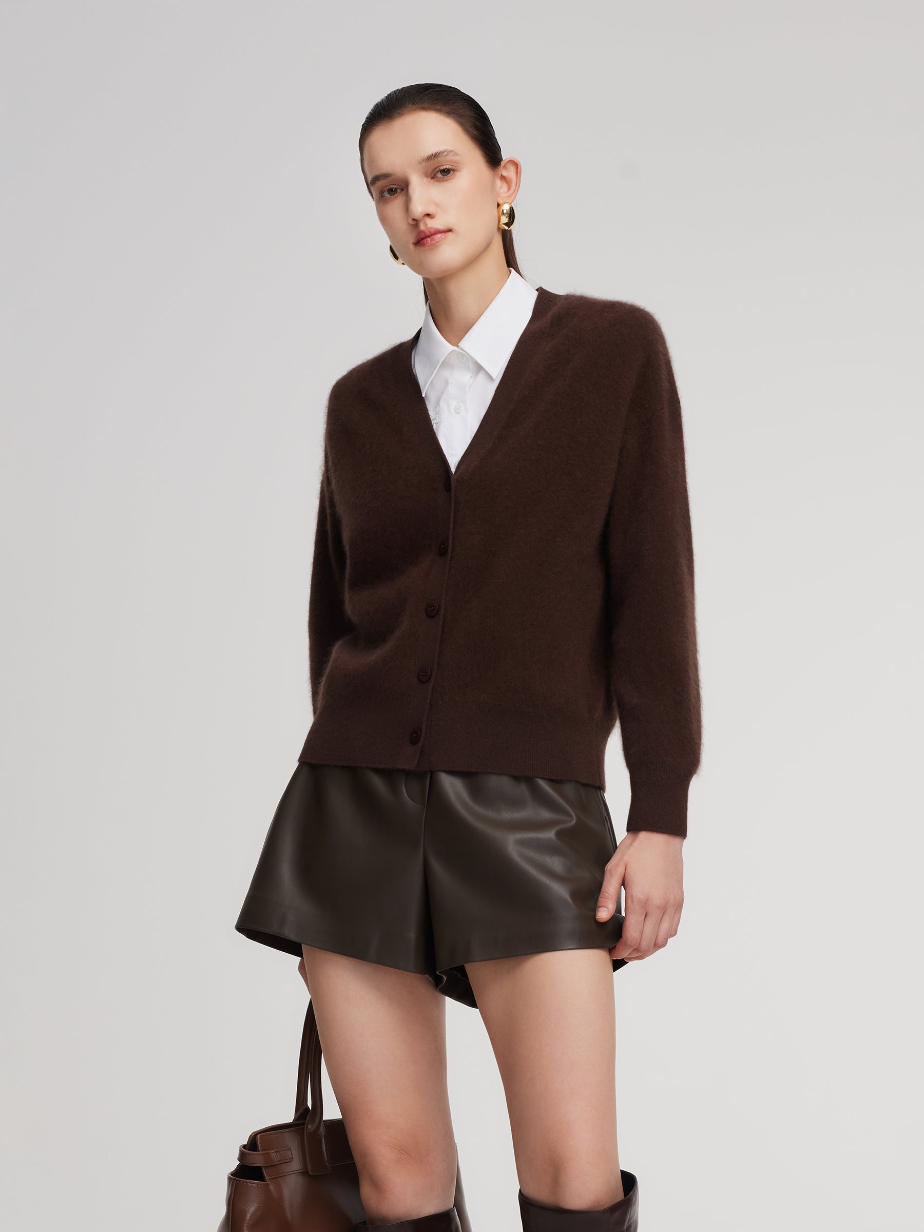 [Preview] 100% Brushed Wool V-Neck Women Cardigan GOELIA