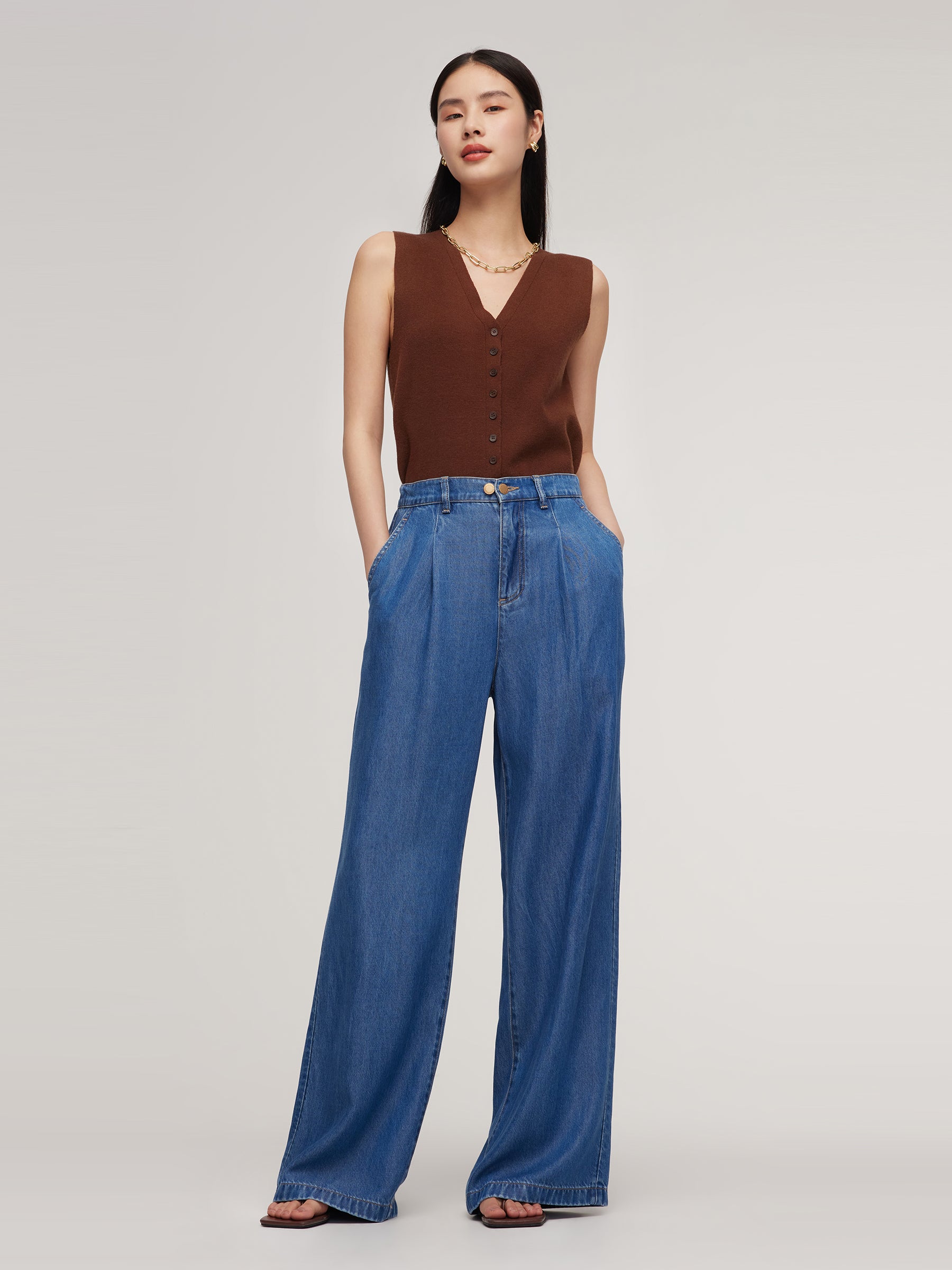 100% Tencel Denim Elastic Waist Women Full Length Jeans GOELIA