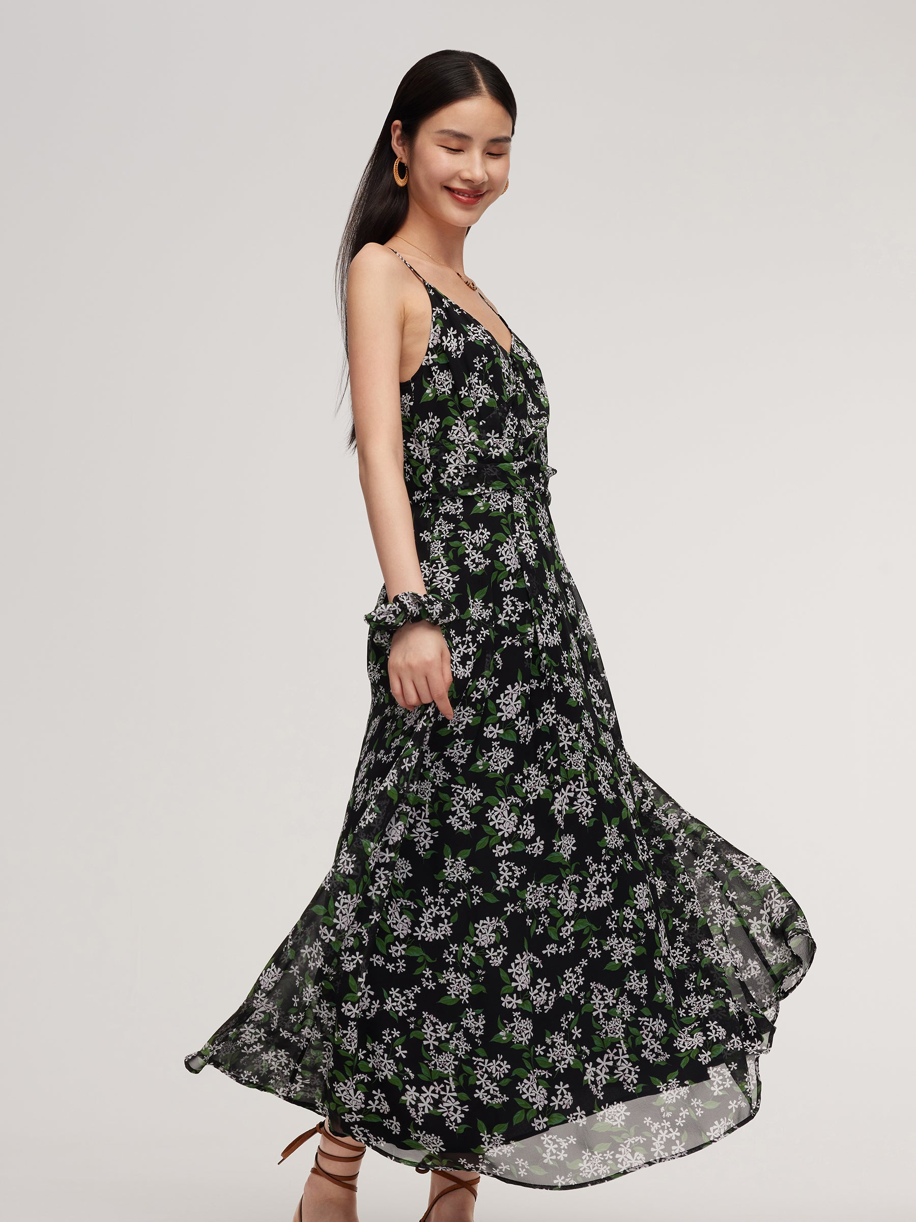 10MM Mulberry Silk Floral Print Women Strap Maxi Dress With Scrunchie GOELIA