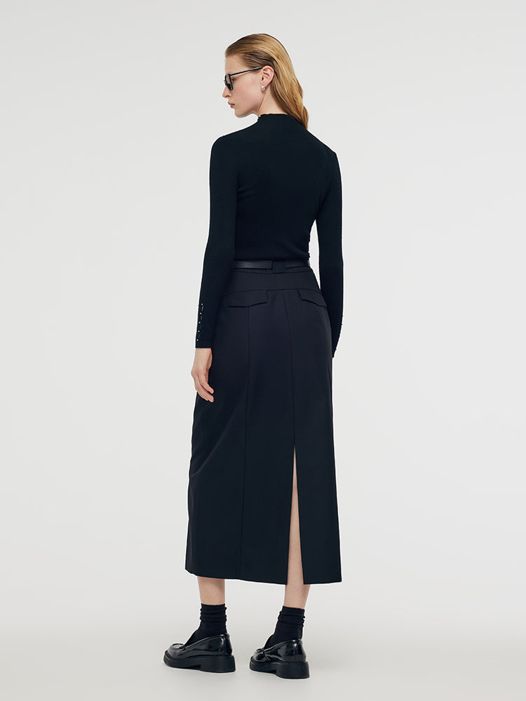 Back Slit Women Column Midi Skirt With Belt GOELIA