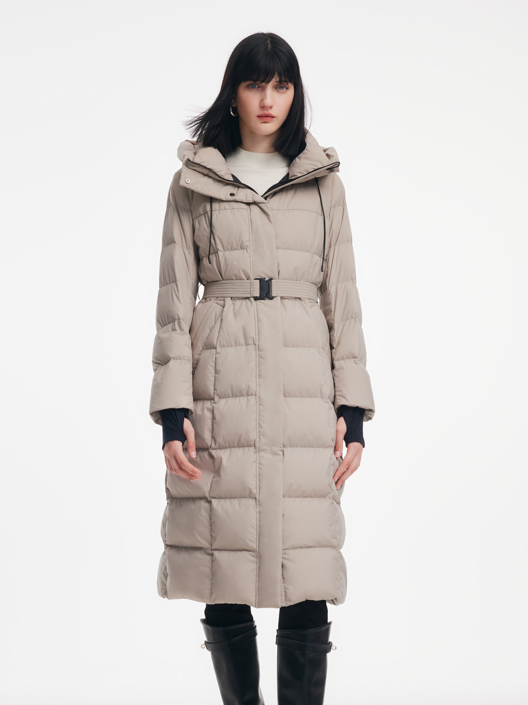 [Preview] Longline Subtle Plaid Belted Goose Down Hooded Overcoat GOELIA