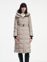 [Preview] Longline Subtle Plaid Belted Goose Down Hooded Overcoat GOELIA