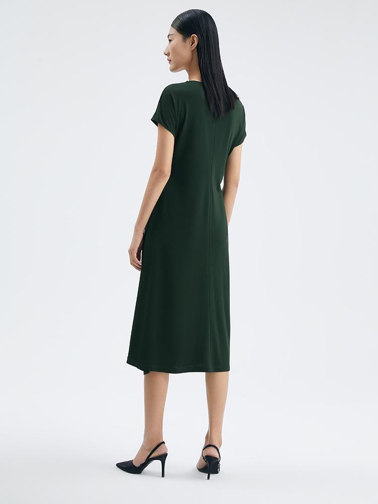 Triacetate Asymmetrical Pleated Gathered Waist Midi Dress GOELIA