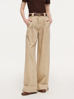 Cotton Denim Straight Wide Leg Women Folded Jeans With Belt GOELIA