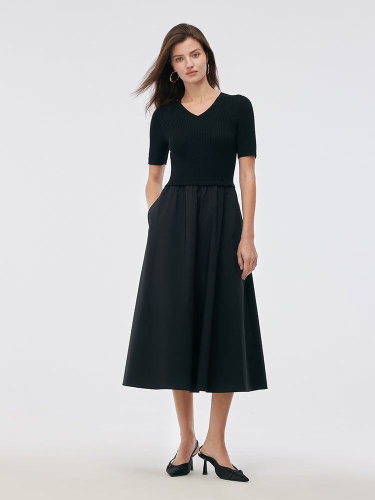 Tencel V-Neck Patchwork Women Midi Dress GOELIA