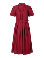 Tencel Blend Ruffle Neck Puff Sleeves Women Belted Maxi Dress GOELIA