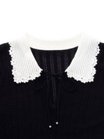 Tencel Blend Color Block Tie Front Women Openwork Knit Top GOELIA
