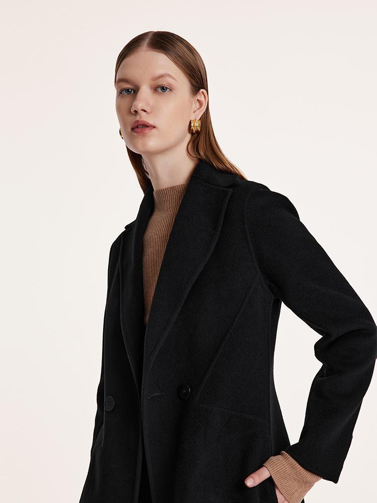 Black Wool And Cashmere Notched Lapel Women Coat GOELIA