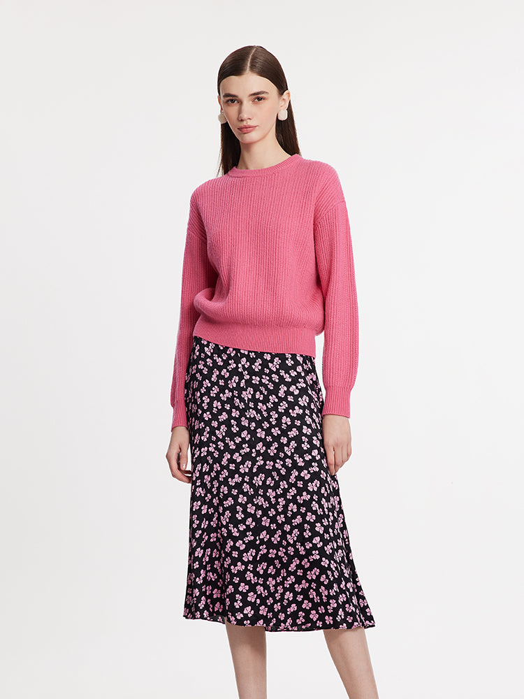 Sweater And Floral Printed Skirt Two-Piece Set With Knitted Bag GOELIA