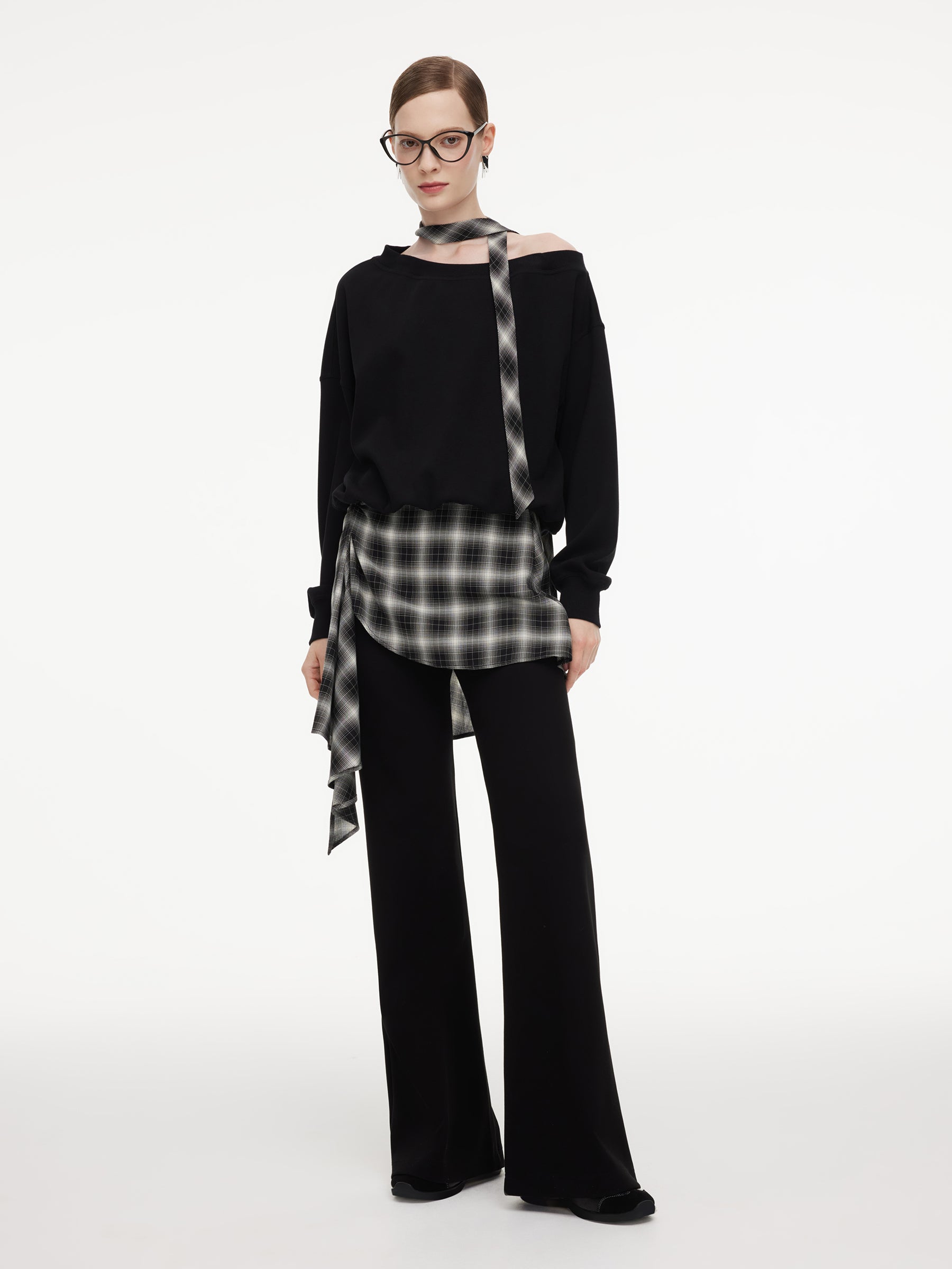 Cotton Blend Women Flared Knit Pants With Plaid Skirt GOELIA