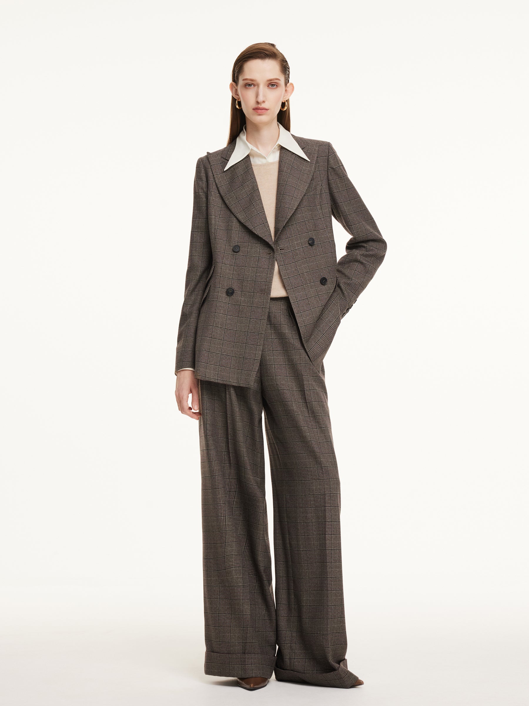 Brown Plaid Gather-Waisted Women Blazer GOELIA