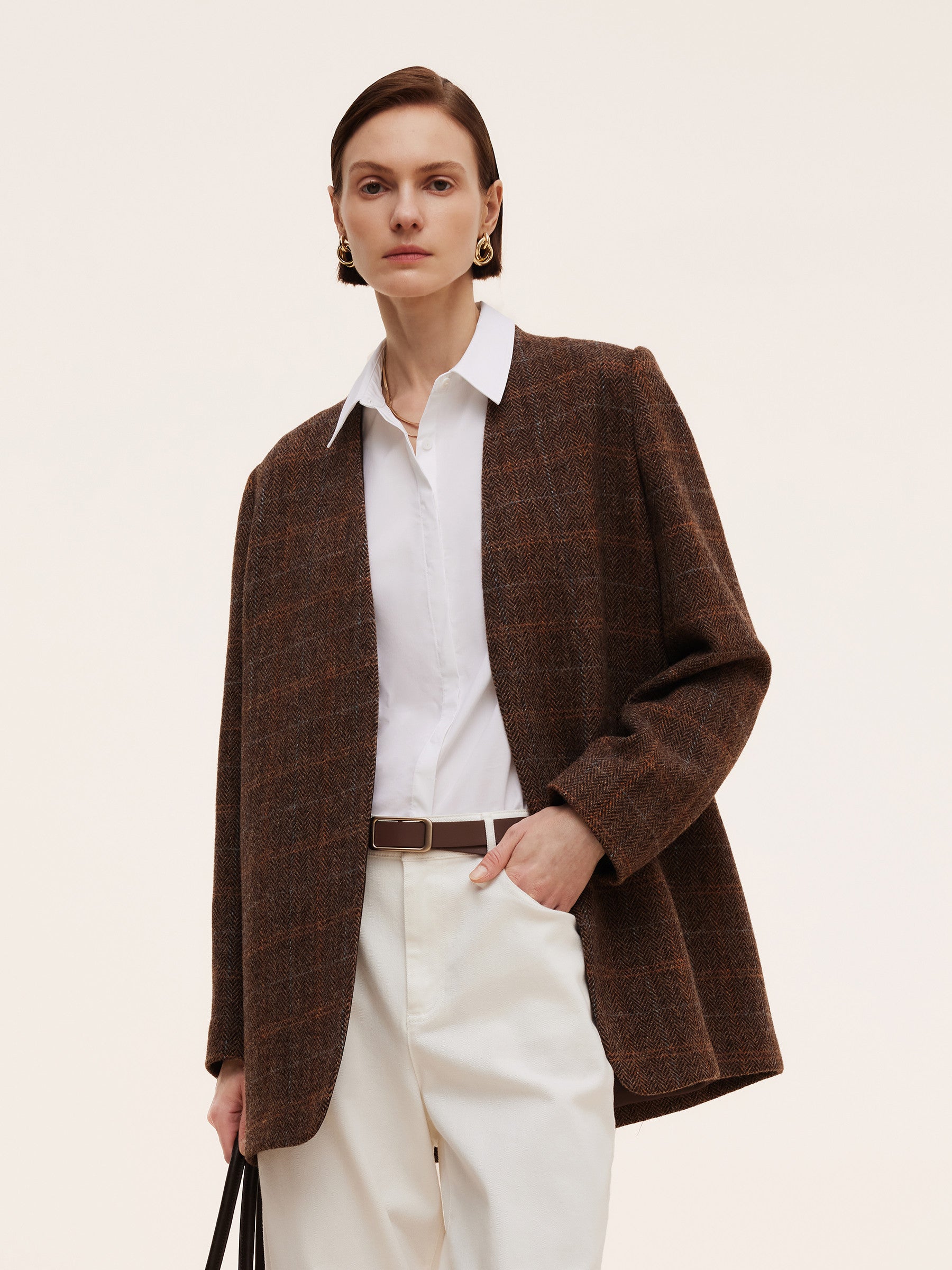 [Preview] 100% Wool Plaid Collarless Women Blazer GOELIA