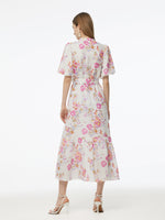 100% Linen Rose Print Women Maxi Dress With Belt GOELIA