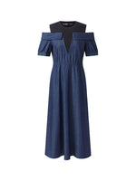Denim Lyocell Cold Shoulder Patchwork Women Midi Dress GOELIA