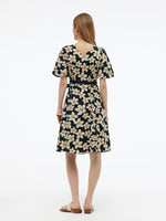 Cotton Stretch Floral Print Women Tie Belt Midi Dress GOELIA