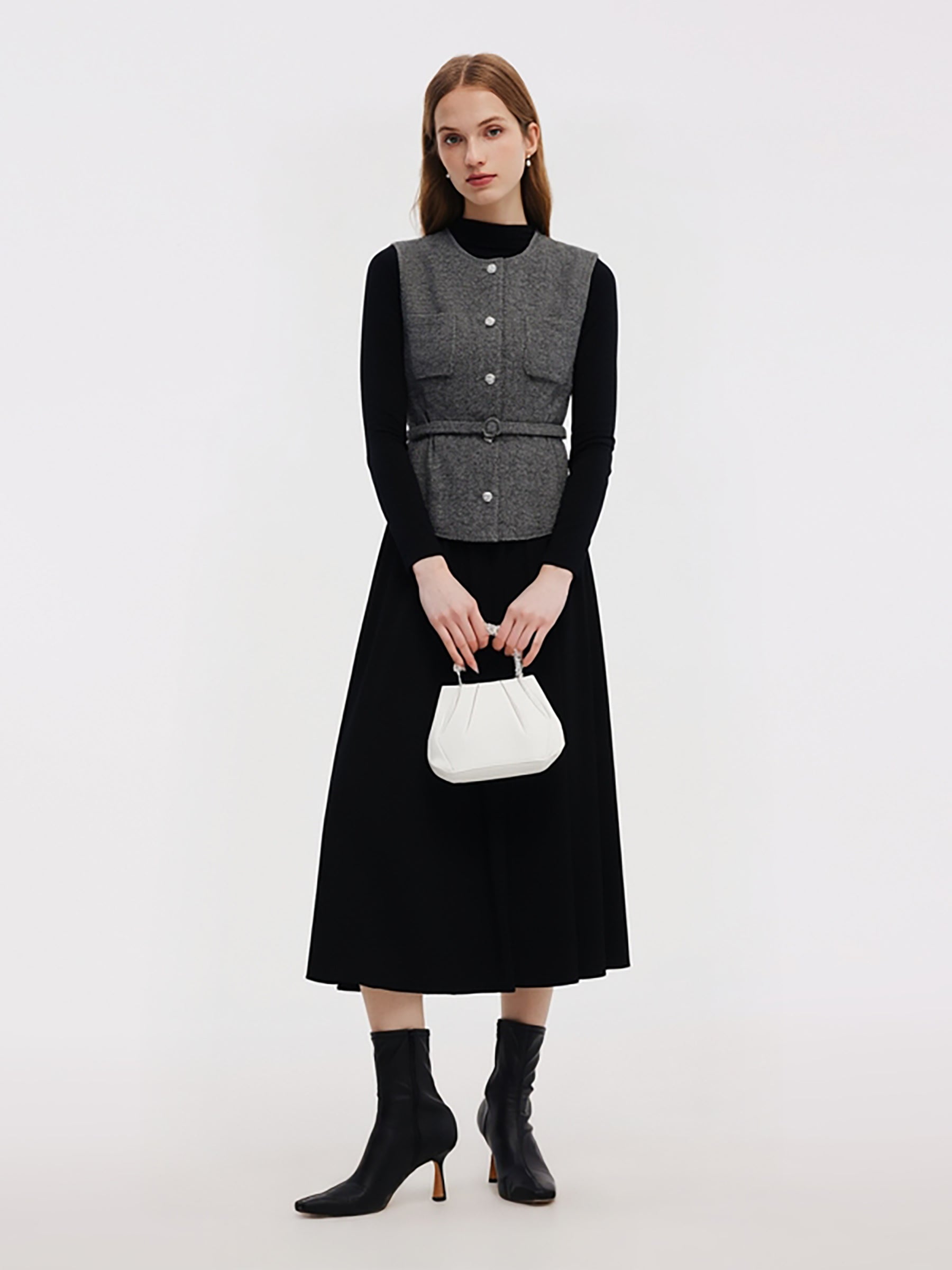 Washable Wool Vest And Knit Dress Two-Piece Set With Belt GOELIA