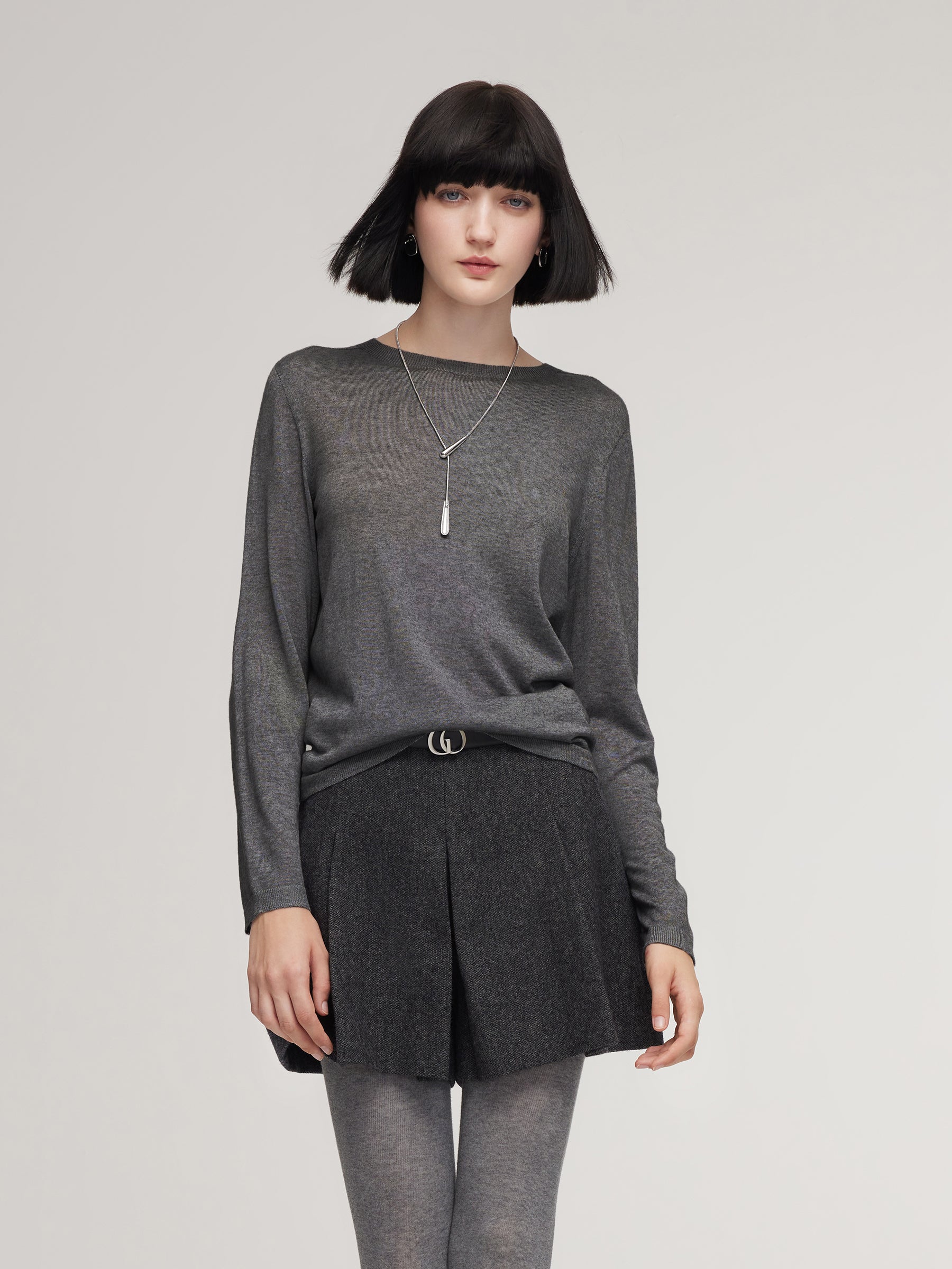 Cashmere Mulberry Silk Lyocell Blend Crew Neck Women Knit Top GOELIA