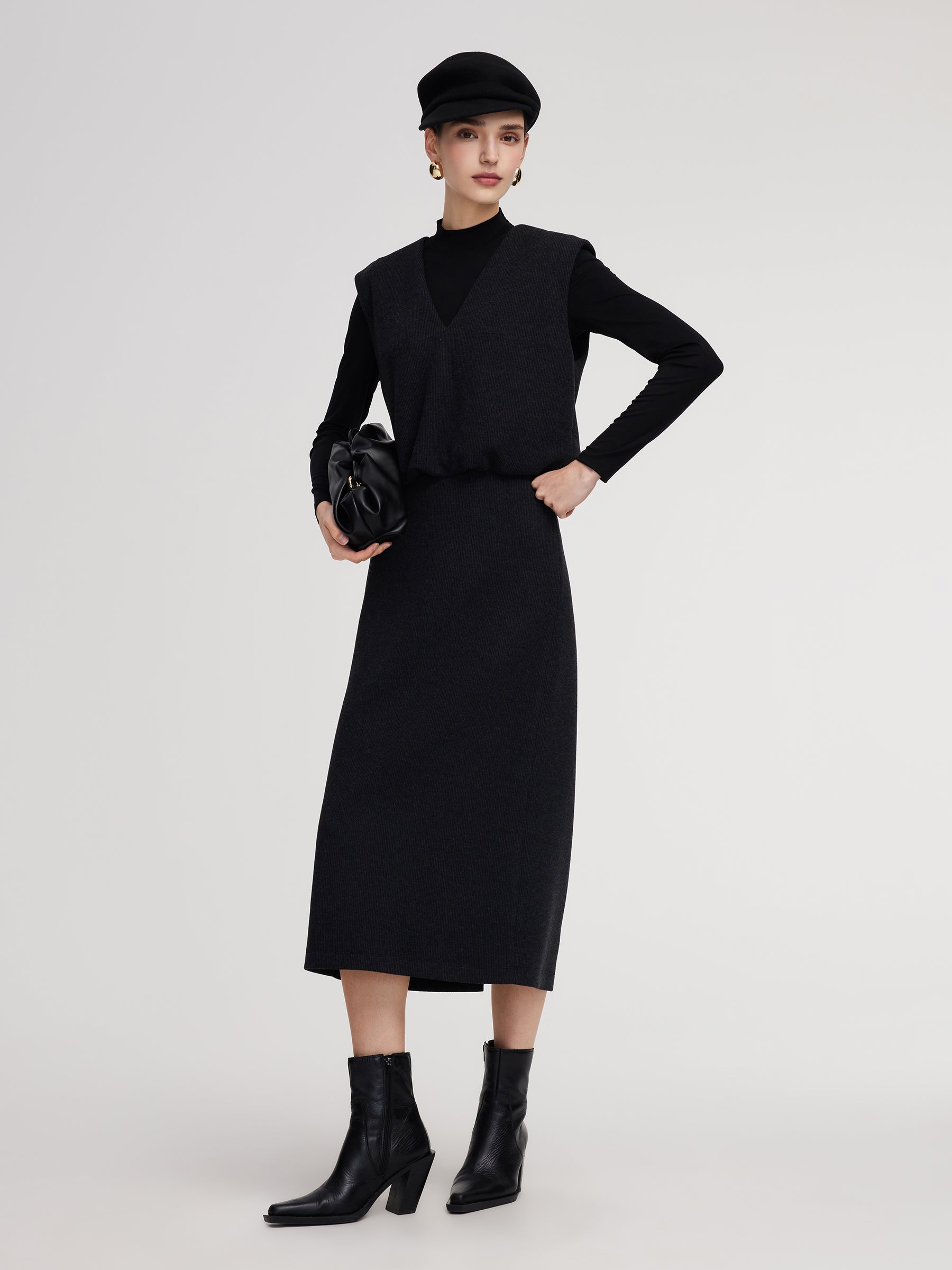 [Preview] Knit Vest And Mock Neck Top And Skirt Three-Piece Set GOELIA