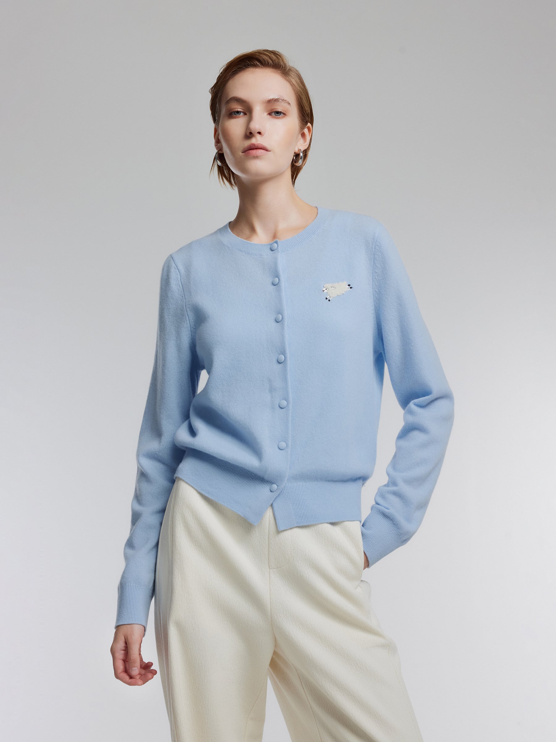 100% Wool Sheep Embroidered Women Cardigan GOELIA