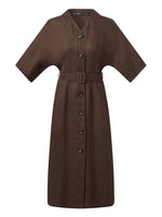 100% Linen Women V-Neck Midi Dress With Belt GOELIA