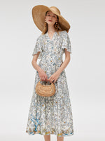 19 Momme Mulberry Silk V-Neck Printed Women Maxi Dress GOELIA