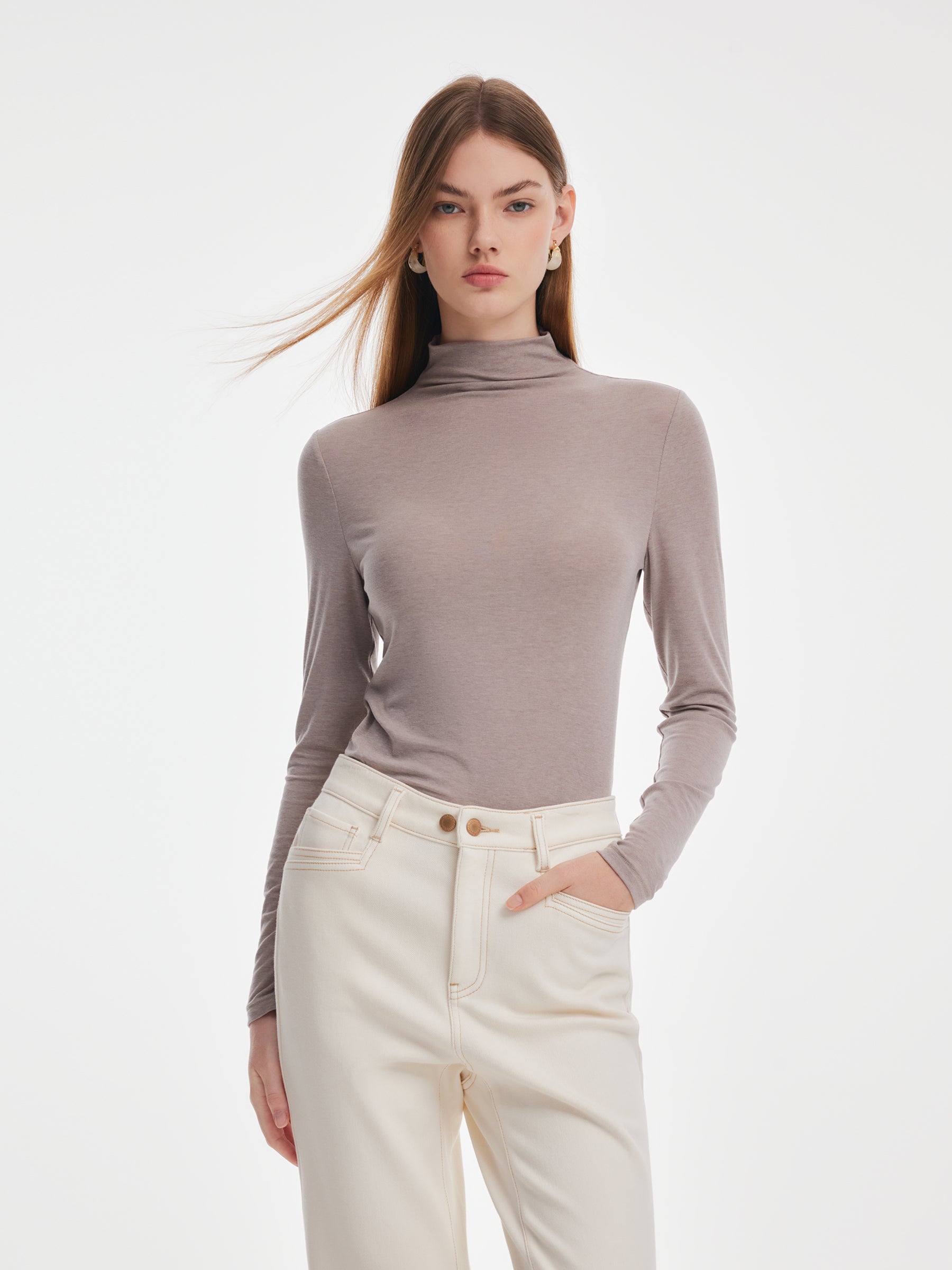 Tencel Acetate Silk Blend Women Mock Neck Knit Top GOELIA