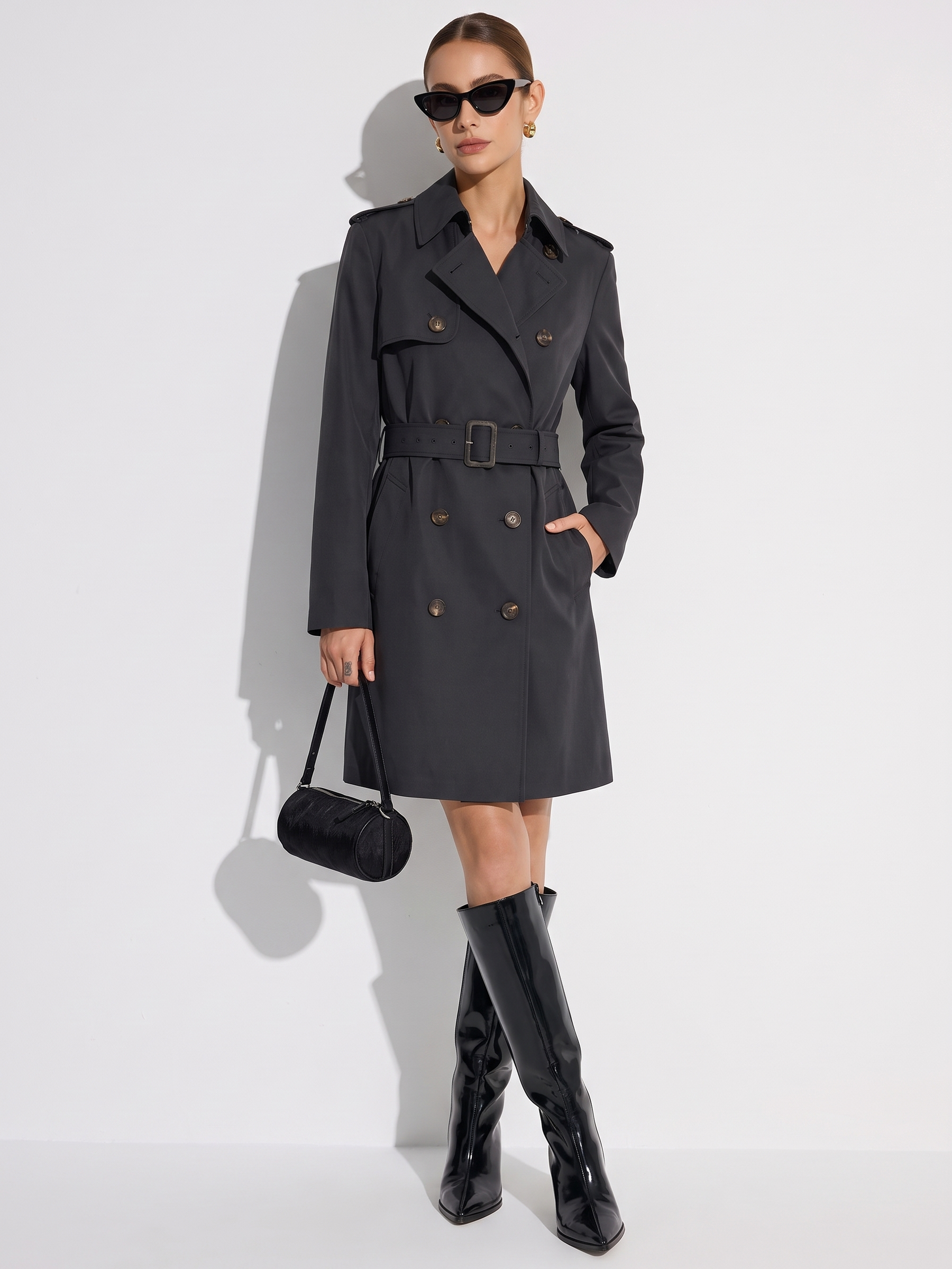 100% Worsted Wool Women Belted Trench Coat GOELIA