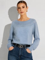 Linen Cotton Blend Pointelle Knit Boat Neck Women Knit Top GOELIA