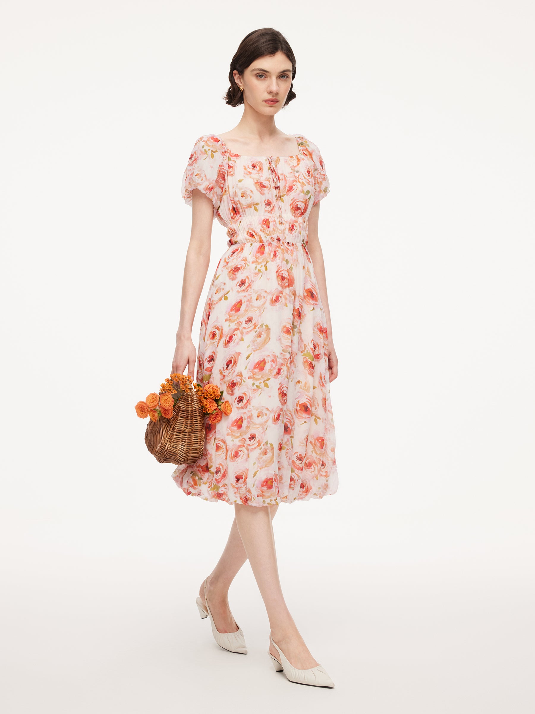 10MM Mulberry Silk Rose Print Women Midi Dress With Scrunchie GOELIA