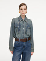 Tencel Cotton Blend Denim Women Shirt With Detachable Rhinestone Ties GOELIA